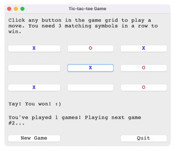 Tic-Tac-Toe GUI showing a winning game state with blue X and red O markers.